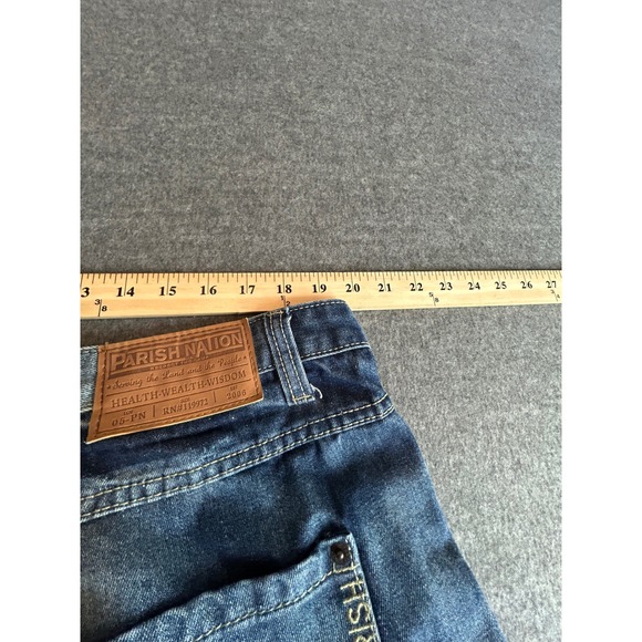 Parish Nation Distressed Denim Jeans Mens Size 40 Blue Wash Embellished Pockets - Picture 15 of 16